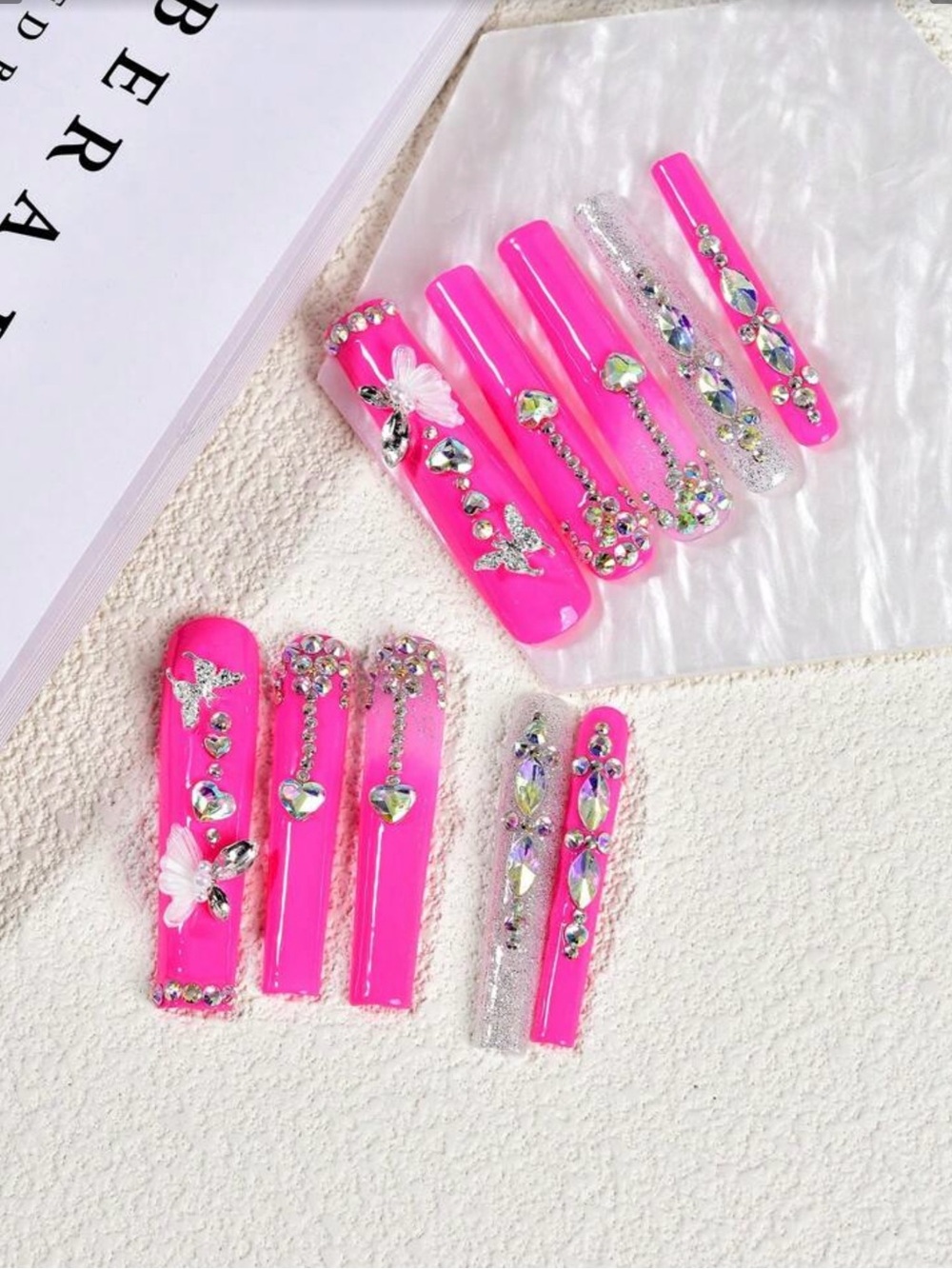 Hot Pink Rhinestone Press-On Nails - Crystal Accent Set